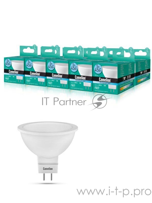 Лампа светодиодная LED5-MR16/845/GU5.3 5Вт 4500К бел. GU5.3 385лм 12В Camelion 12026