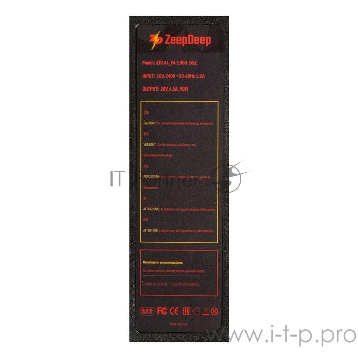 Блок питания (зарядка) ZeepDeep для ноутбука Lenovo IdeaPad Y310, Y410, Y510, Y550, Z570, G555, B570, G570, G770, V570, Z500, P500, 20V 4.5A, 90W с кабелем, штекер 5.5х2.5