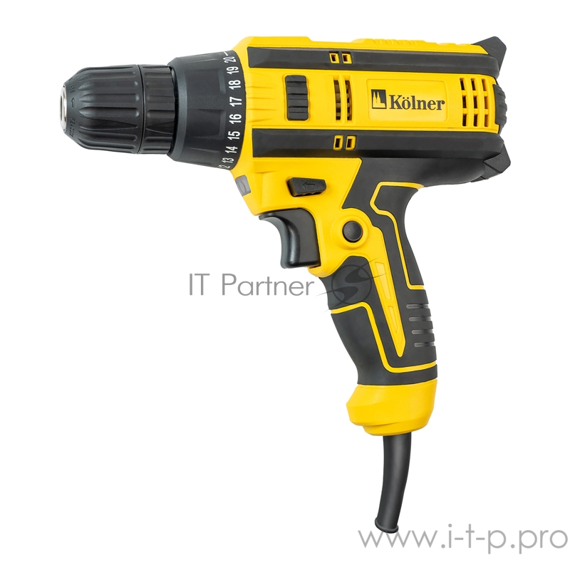 Дрель ударная электрическая Kolner KED 300V 300 Вт, 0- 800 об/мин, быстрозажимной двухмуфтовый патрон 0,8-10 мм, максимальный крутящий момент 14Нм, число ступеней крутящего момента 20+1