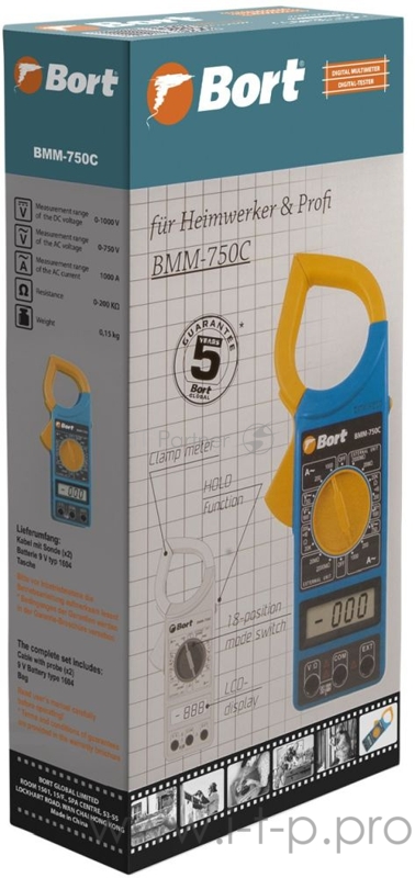Мультитестер аккумуляторный Bort BMM-750C (93411300) Диапазон измерений постоянного напряжения 0-1000 Диапазон измерений переменного напряжения 0-750 Диапазон измерений переменного тока 0-1000 Диапазон сопротивления 0-200 KΩ Температурный режим 1