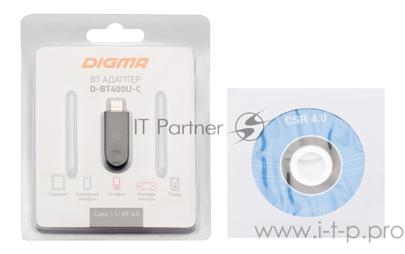 Адаптер USB Digma D-BT400U-C Bluetooth 4.0+EDR class 1.5 20м черный