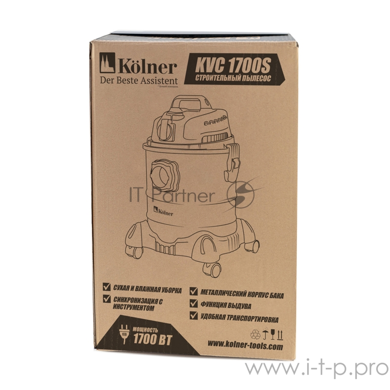 Строительный пылесос Kolner KVC 1700S 1700Вт, объем бака 25л, рабочее разряжение 190мБар, режим работы: всасывание, выдувание тип уборки: сухая, влажная, с розеткой для электроинструмента 1,6кВт, длина сетевого кабеля 5м, питание 220В+/-10%, 50Гц