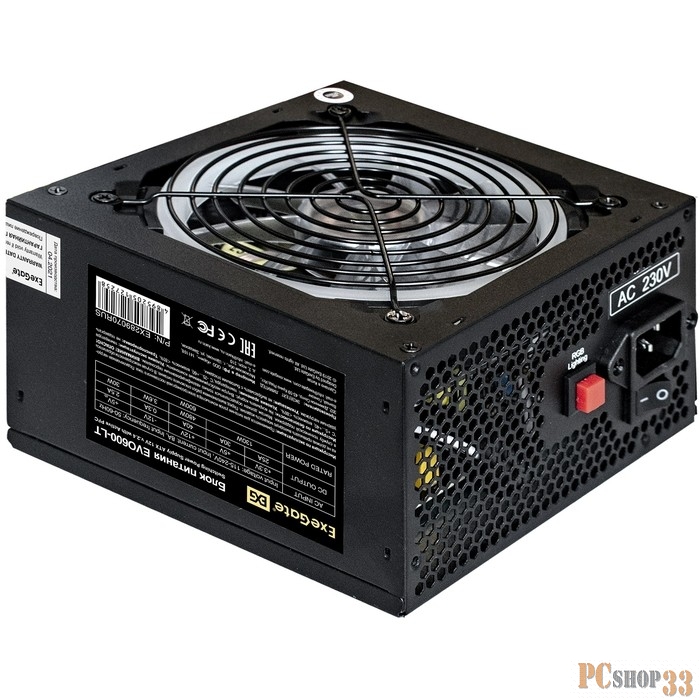 Блок питания 600W ExeGate EVO600-LT (ATX, APFC, 12cm RGB fan, 24pin, (4+4)pin, PCI-E, 5xSATA, 3xIDE, FDD, black)
