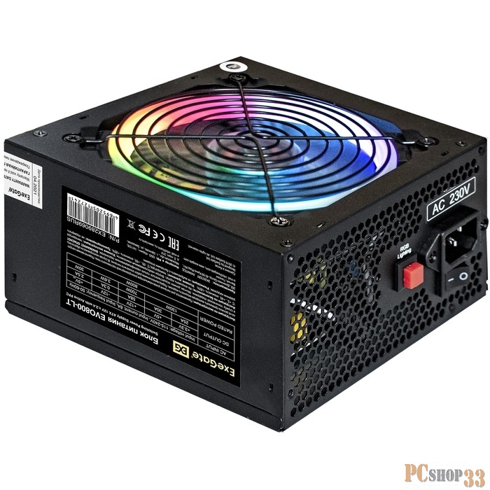 Блок питания 800W ExeGate EVO800-LT (ATX, APFC, 12cm RGB fan, 24pin, (4+4)pin, PCI-E, 5xSATA, 3xIDE, FDD, black)