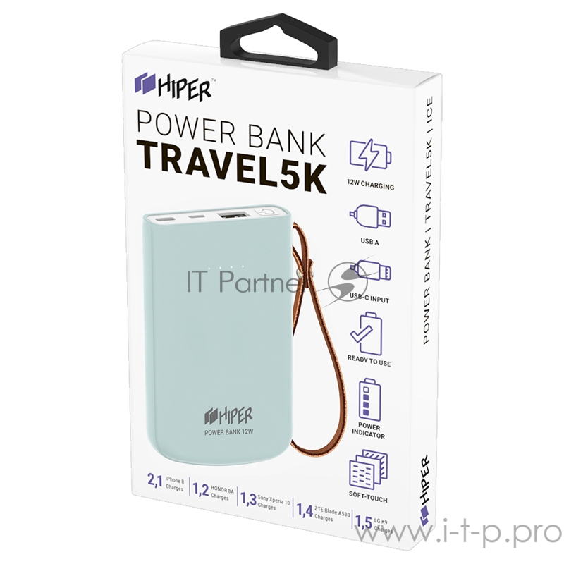 Внешний аккумулятор HIPER TRAVEL 5K Ice Li-Pol 5000 mAh 2.1A 2xUSB 1xType-C голубой