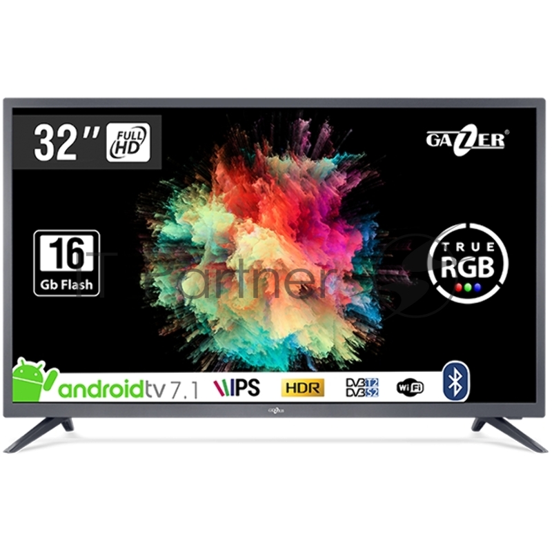 Телевизор Gazer LED LCD TV 32(1920x1080) IPS LED, 400cd/m2, USB, HDMI, RCA, CI+ slot, RJ45, miniYPBPR, Multimedia player, Optical, Smart 1+16Gb, DVB-T2/C/S2, 55W, RT2841, 2x8W speaker, grey