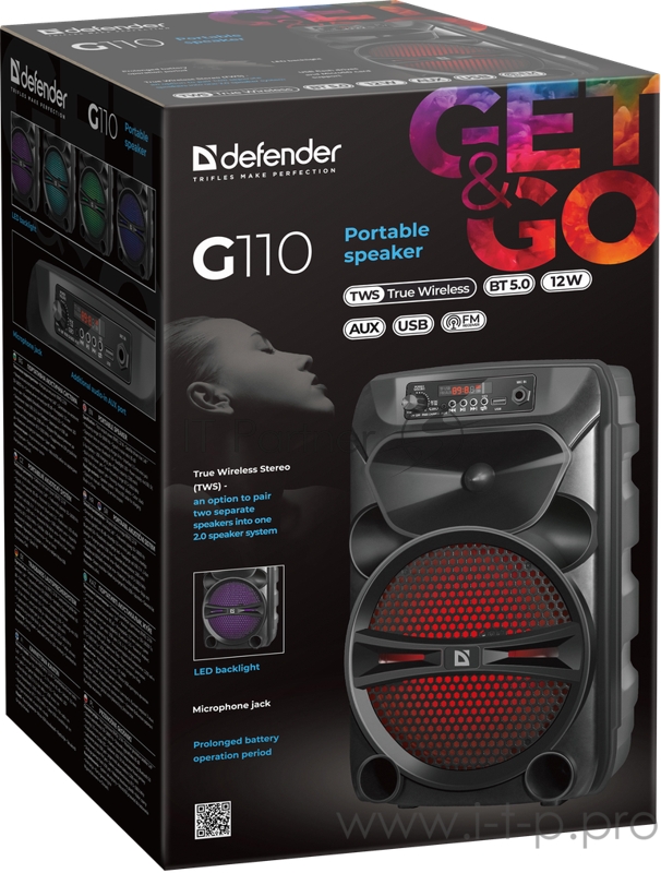 Портативная акустика G110 12Вт, Light/BT/FM/USB/LED/AUX DEFENDER