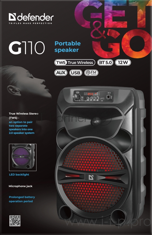 Портативная акустика G110 12Вт, Light/BT/FM/USB/LED/AUX DEFENDER