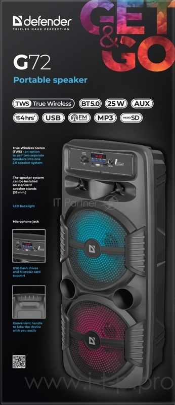 Портативная колонка G72 25Вт, BT/FM/USB/AUX/MIC/Light DEFENDER