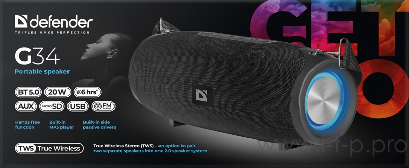Портативная колонка G34 20Вт, BT/FM/USB/AUX/TWS/Light DEFENDER