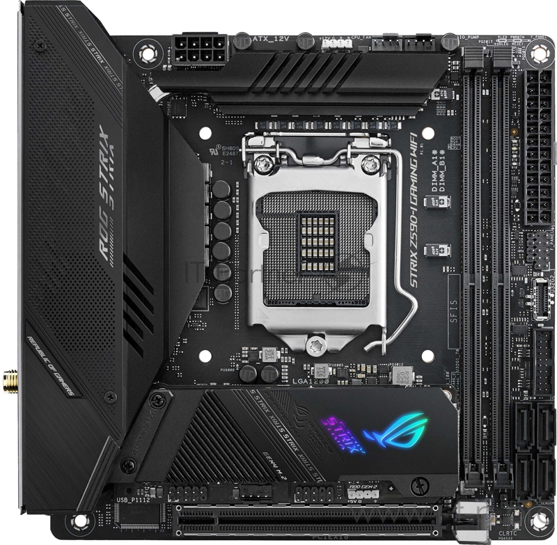 Материнская плата ASUS ROG STRIX Z590-I GAMING WIFI, LGA1200, Z590, 2*DDR4 , DP+HDMI, SATA3 + RAID, Audio, 2,5Gb LAN, USB 3.2*9, USB 2.0*4, mITX 90MB1680-M0EAY0