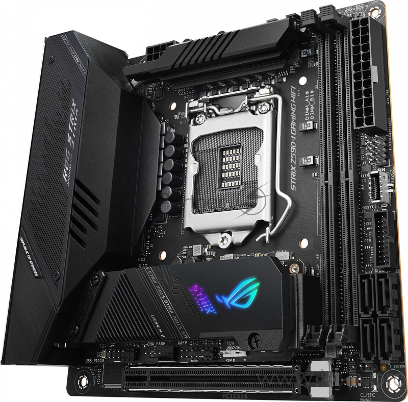 Материнская плата ASUS ROG STRIX Z590-I GAMING WIFI, LGA1200, Z590, 2*DDR4 , DP+HDMI, SATA3 + RAID, Audio, 2,5Gb LAN, USB 3.2*9, USB 2.0*4, mITX 90MB1680-M0EAY0