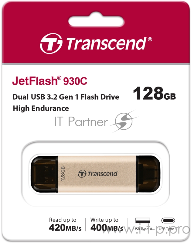 Флеш-накопитель Transcend USB Накопитель Transcend 128GB, JETFLASH USB3.2, TLC, High Speed, Type-C и Type A (420/400 МБ/с)
