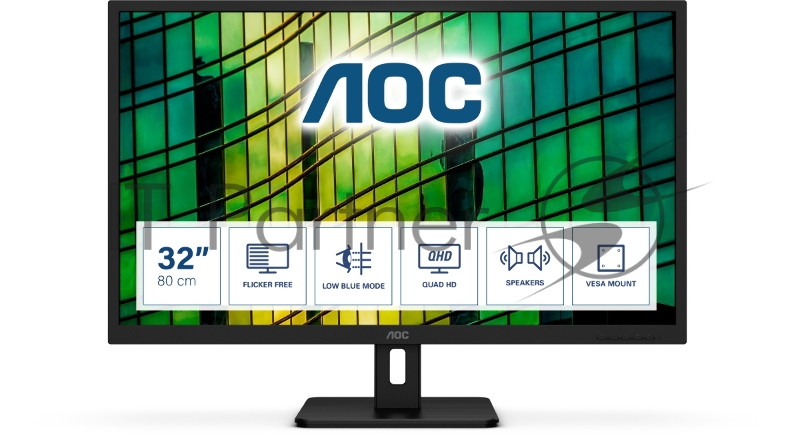 Монитор жидкокристаллический AOC Монитор LCD 32 16:9 2560х1440 MVA, nonGLARE, 300cd/m2, H178°/V178°, 3000:1, 80M:1, 1,07B Color, 4ms, VGA, DVI, HDMI, DP, Height adj., Pivot, Tilt, HAS, Speakers, 3Y, Black