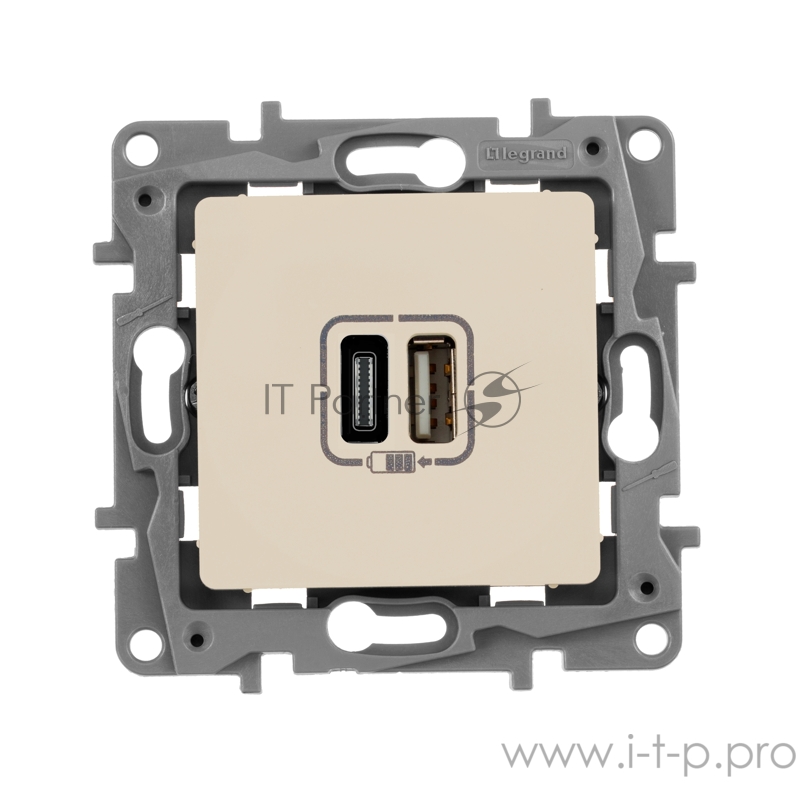 Зарядное устройство с двумя USB-разьемами тип A-тип С 240В/5В 3000мА - Etika - Цвет Слоновая кость