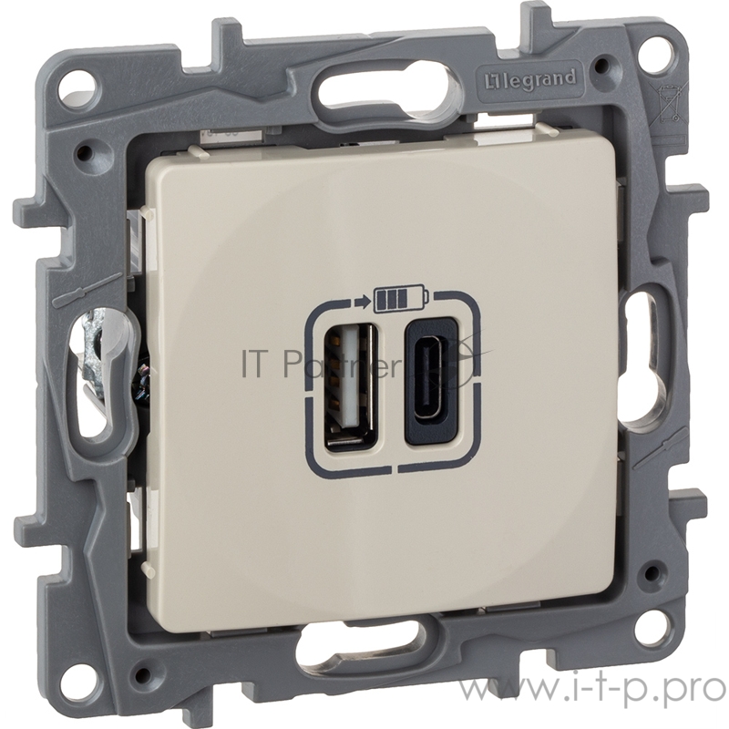 Зарядное устройство с двумя USB-разьемами тип A-тип С 240В/5В 3000мА - Etika - Цвет Слоновая кость