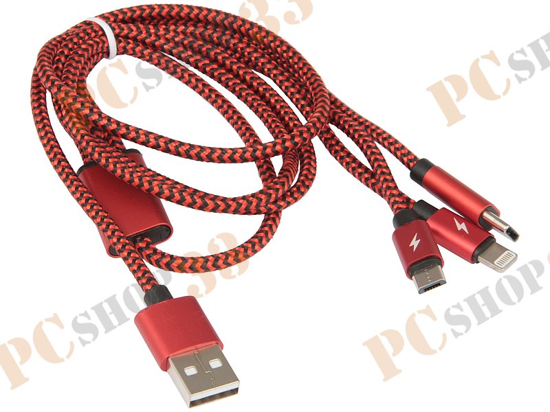 Кабель Robiton P12 Multicord 137-297 для зарядки, универсальный, USB A->microB+Type-C+Lightning, красно-черный (1.0м)