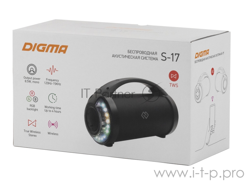 Колонка порт. Digma S-17 черный 8.5W 1.0 BT/3.5Jack/USB 10м 1500mAh