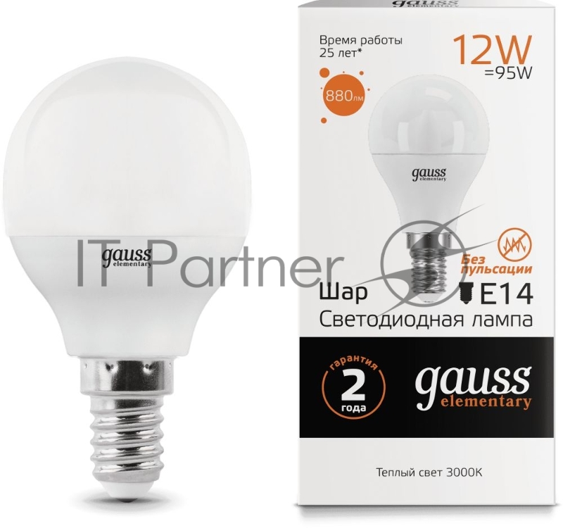 Лампа светодиодная Elementary Шар 12Вт 880лм E14 3000К Gauss 53112
