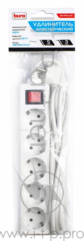Сетевой удлинитель Buro BU-PS5.3/W 3м (5 розеток) белый (пакет ПЭ)