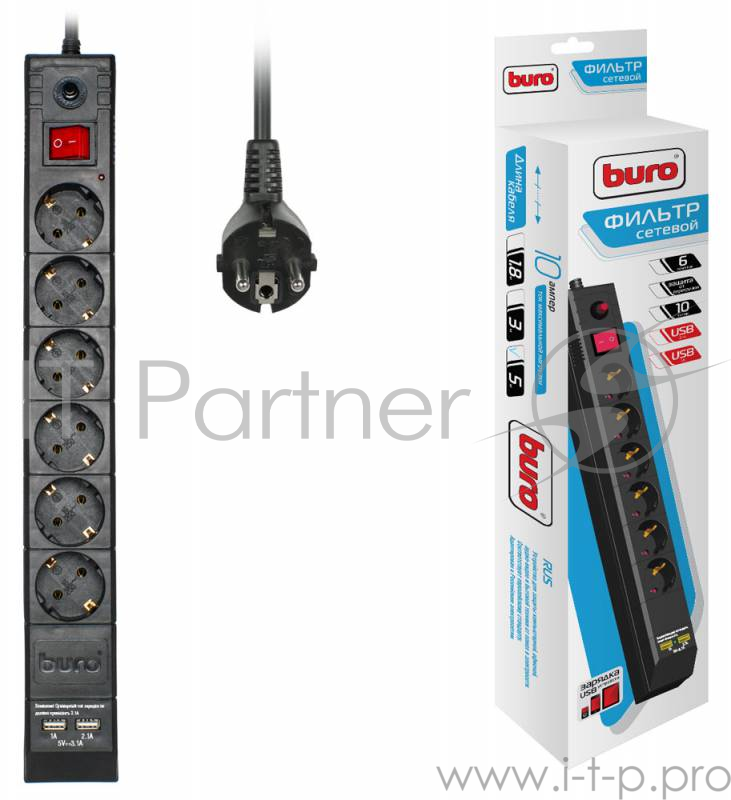 Сетевой фильтр BURO Сетевой фильтр, 6 розеток, 5 метров, (BU-SP5_USB_2A-B) черный {992320}