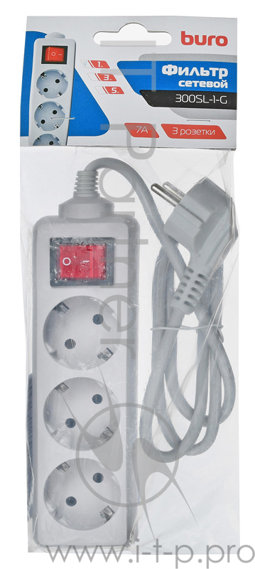 Сетевой фильтр Buro 300SL-1-G 1м (3 розетки) серый (пакет ПЭ)