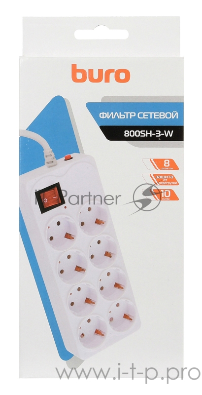 Сетевой фильтр Buro 800SH-3-W 3м (8 розеток) белый (коробка)