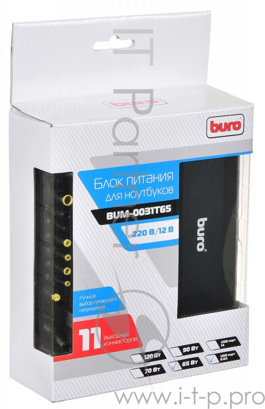 Блок питания Buro BUM-0031T65 ручной 65W 12V-24V 11-connectors 3.2A 1xUSB 0.6A от бытовой электросети/от прикуривателя