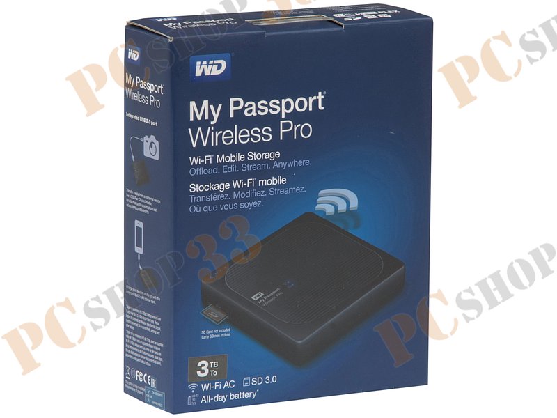 Внешний жесткий диск 3000ГБ 2.5 Western Digital My Passport Wireless Pro WDBSMT0030BBK, черный (USB3.0, WiFi)