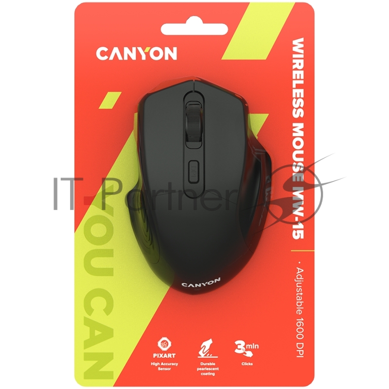 Мышь CANYON 2.4GHz Wireless Optical Mouse with 4 buttons, DPI 800/1200/1600, Black, 115*77*38mm, 0.064kg