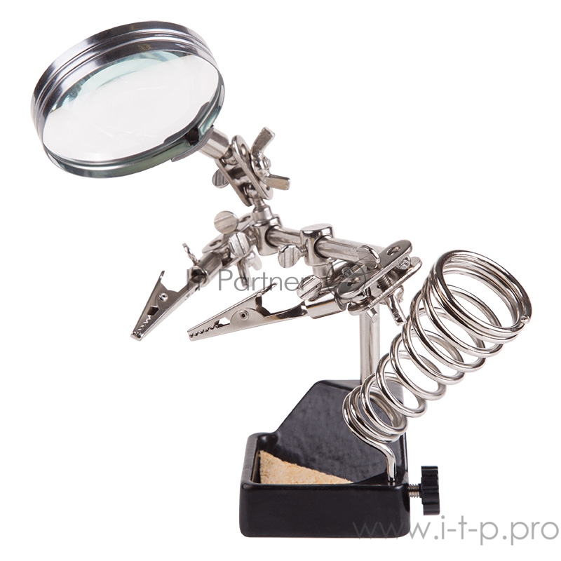 Держатель «Третья рука» REXANT, 2 зажима, чугун, лупа 60 мм, подставка паяльника, ниша, губка