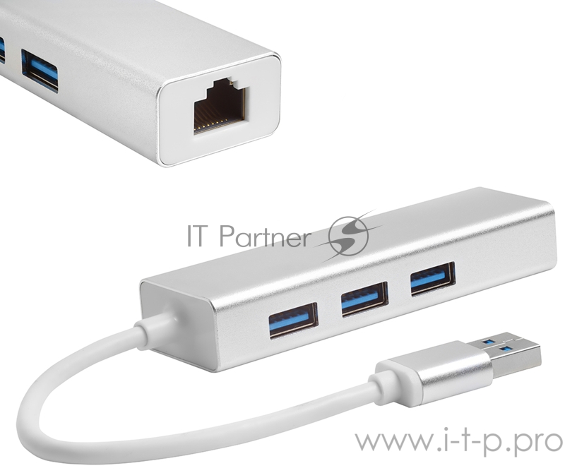 Контроллер Greenconnect USB 3.0 Хаб на 3 порта + 10/100Mbps Ethernet Network (GCR-AP05) metall