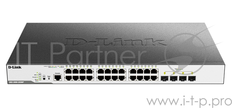 Сетевое оборудование D-Link DGS-3000-28XMP/B1A Управляемый коммутатор 2 уровня с 24 портами 10/100/1000Base-T и 4 портами 10GBase-X SFP+ (24 порта с поддержкой PoE 802.3af/802.3at (30 Вт), PoE-бюджет 370 Вт)