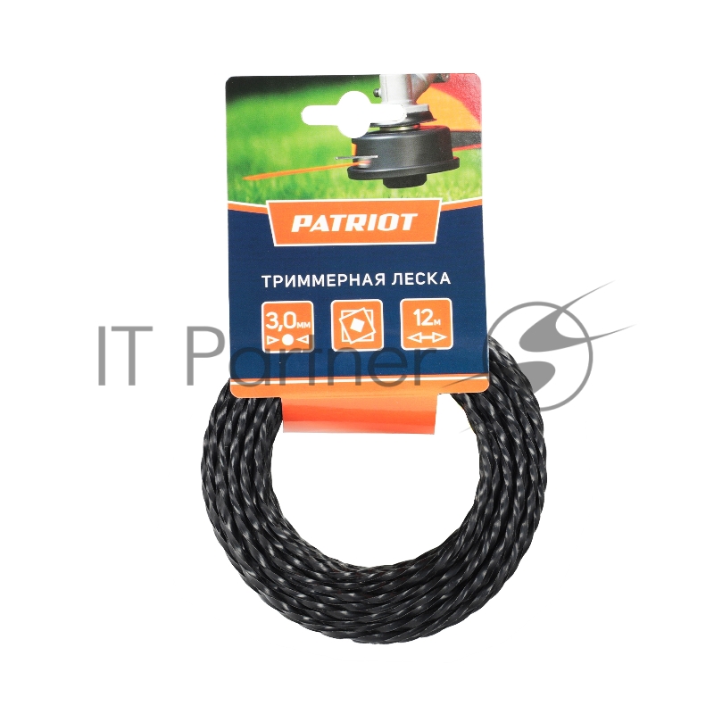 Леска PATRIOT D 3,0 мм L 12 м (скрученный квадрат, черный) 300-12-5, картонный подвес