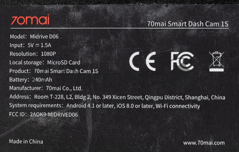 Автомобильный видеорегистратор 70mai Mi Dash Cam 1S MidriveD06