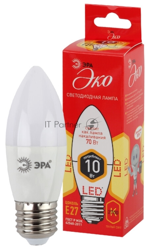 Лампа ECO LED B35-10W-827-E27 ЭРА (диод, свеча, 10Вт, тепл, E27) (10/100/3500)