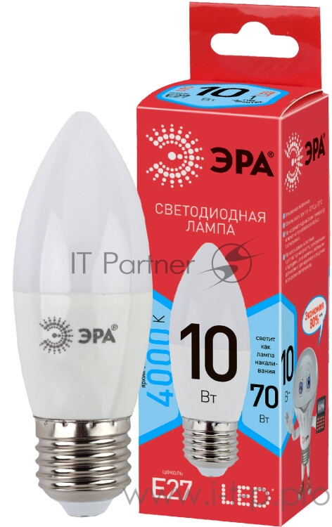 Лампа ECO LED B35-10W-840-E27 ЭРА (диод, свеча, 10Вт, нейтр, E27) (10/100/3500)