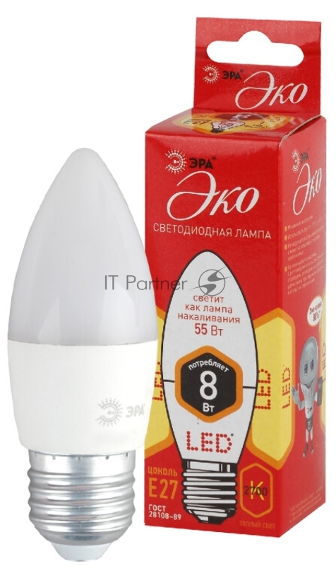 Лампа ECO LED B35-8W-827-E27 ЭРА (диод, свеча, 8Вт, тепл, E27) (10/100/3500)