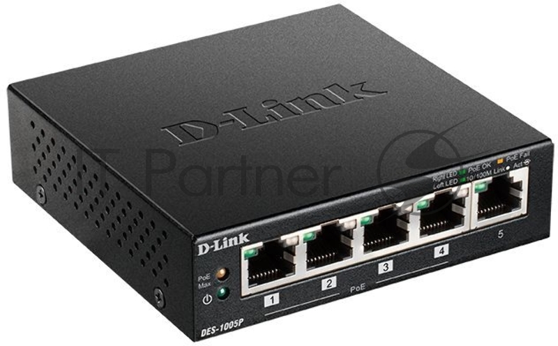 Сетевое оборудование D-Link DES-1005P/B1A Неуправляемый коммутатор с 5 портами 10/100Base-TX (1 порт с поддержкой PoE)