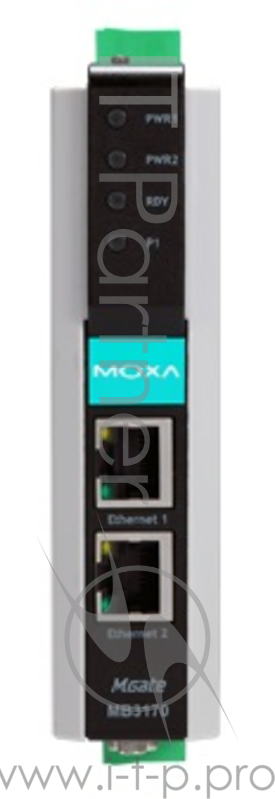 1-портовый преобразователь Modbus RTU/ASCII (1 x RS-232/422/485) в Modbus TCP (2 x Ethernet, 1 IP-адрес), гальваническая изоляция 2 кВ, монтаж на DIN