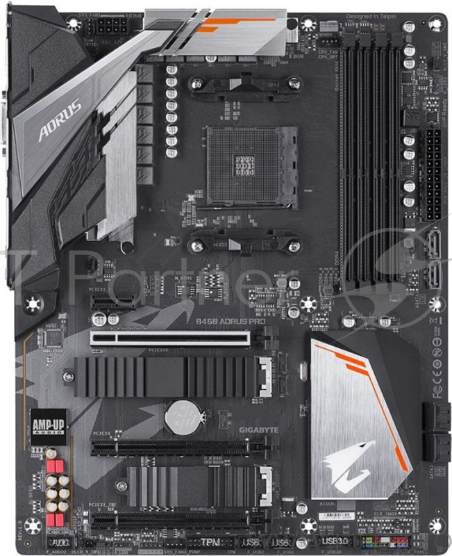 Мат. плата SocketAM4 GIGABYTE B450 AORUS PRO (AMD B450, 4xDDR4, M.2, SATA III, RAID, 3xPCI-E, DVI, HDMI, 1Гбит LAN, USB3.1, ATX)