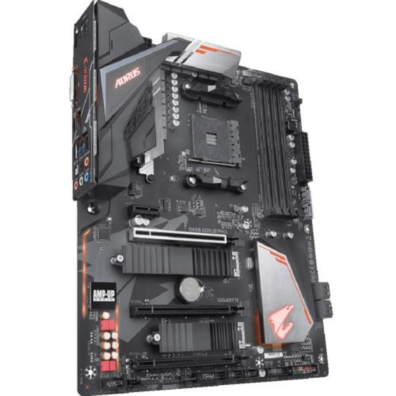 Мат. плата SocketAM4 GIGABYTE B450 AORUS PRO (AMD B450, 4xDDR4, M.2, SATA III, RAID, 3xPCI-E, DVI, HDMI, 1Гбит LAN, USB3.1, ATX)