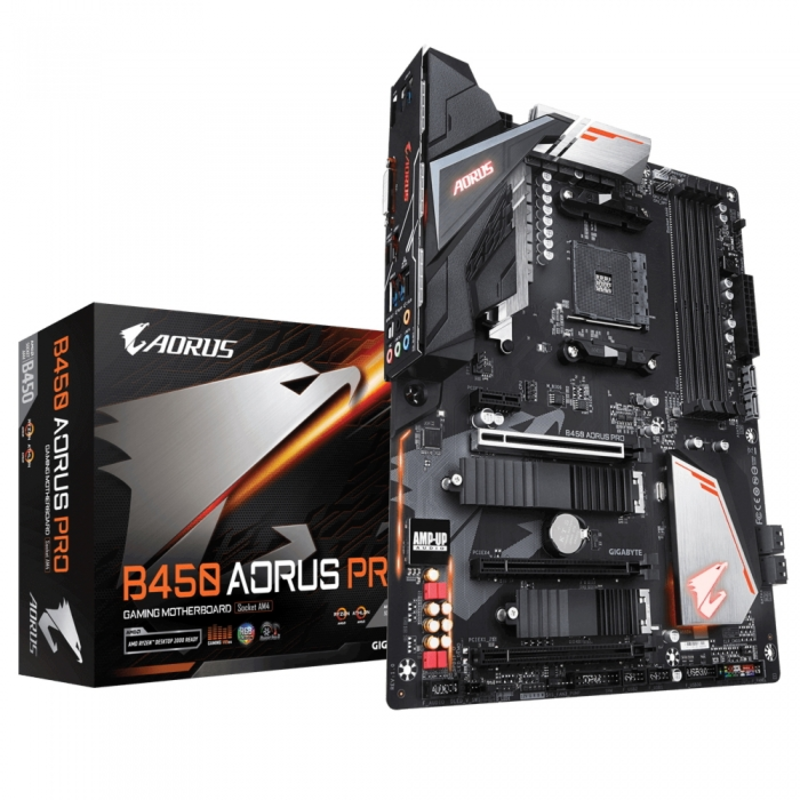 Мат. плата SocketAM4 GIGABYTE B450 AORUS PRO (AMD B450, 4xDDR4, M.2, SATA III, RAID, 3xPCI-E, DVI, HDMI, 1Гбит LAN, USB3.1, ATX)