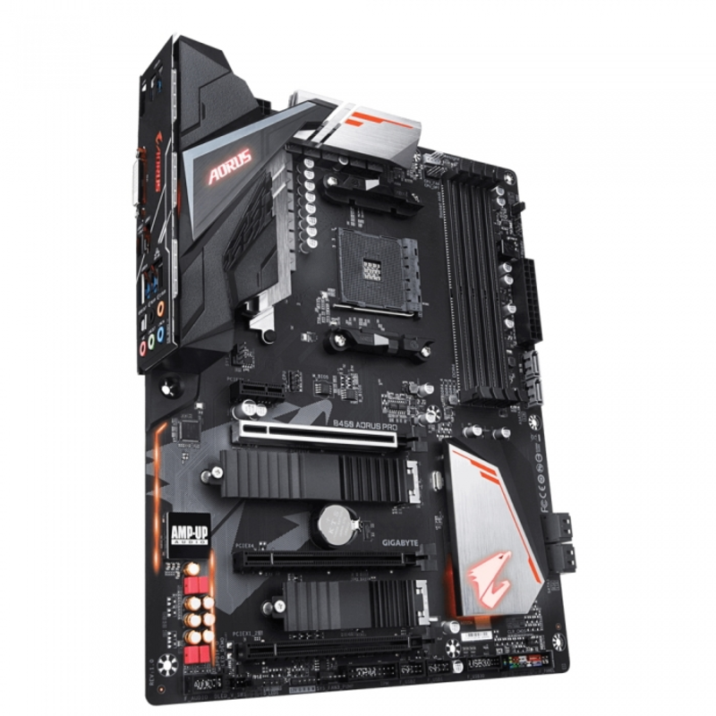 Мат. плата SocketAM4 GIGABYTE B450 AORUS PRO (AMD B450, 4xDDR4, M.2, SATA III, RAID, 3xPCI-E, DVI, HDMI, 1Гбит LAN, USB3.1, ATX)