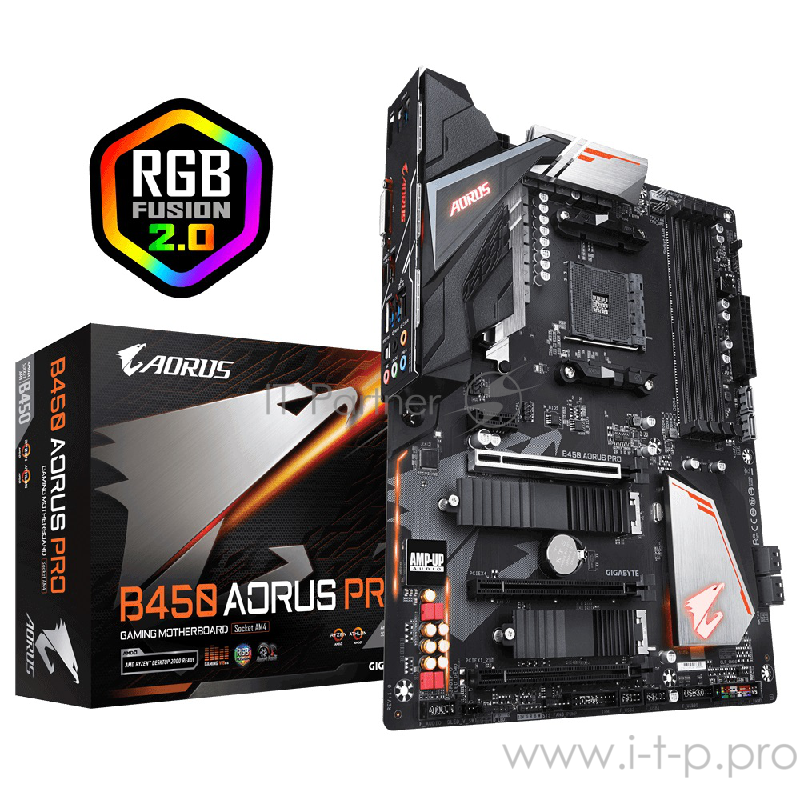 Мат. плата SocketAM4 GIGABYTE B450 AORUS PRO (AMD B450, 4xDDR4, M.2, SATA III, RAID, 3xPCI-E, DVI, HDMI, 1Гбит LAN, USB3.1, ATX)