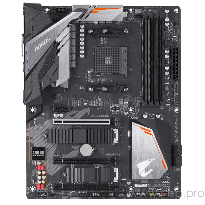 Мат. плата SocketAM4 GIGABYTE B450 AORUS PRO (AMD B450, 4xDDR4, M.2, SATA III, RAID, 3xPCI-E, DVI, HDMI, 1Гбит LAN, USB3.1, ATX)