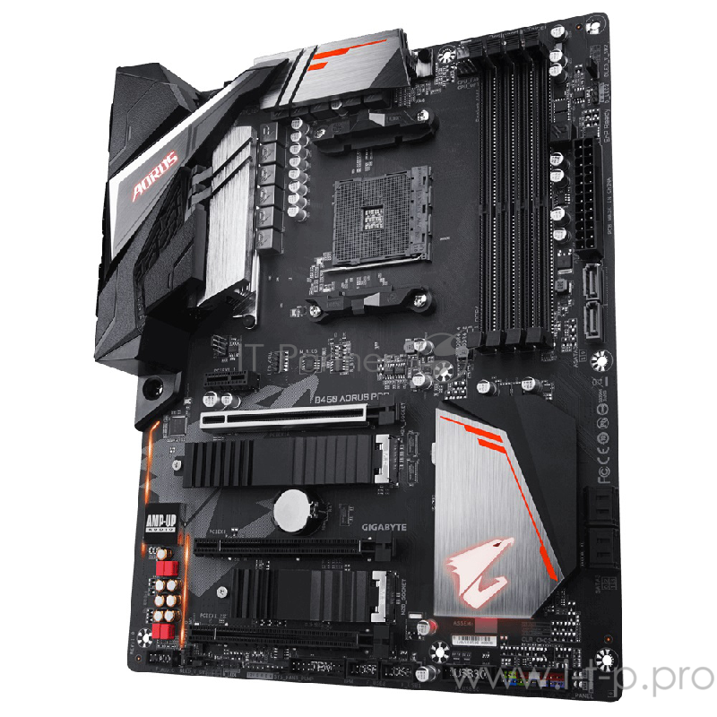 Мат. плата SocketAM4 GIGABYTE B450 AORUS PRO (AMD B450, 4xDDR4, M.2, SATA III, RAID, 3xPCI-E, DVI, HDMI, 1Гбит LAN, USB3.1, ATX)