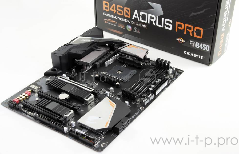 Мат. плата SocketAM4 GIGABYTE B450 AORUS PRO (AMD B450, 4xDDR4, M.2, SATA III, RAID, 3xPCI-E, DVI, HDMI, 1Гбит LAN, USB3.1, ATX)