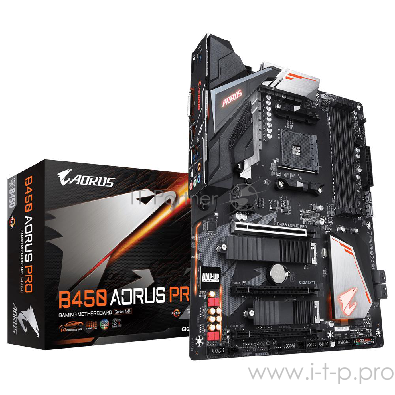 Мат. плата SocketAM4 GIGABYTE B450 AORUS PRO (AMD B450, 4xDDR4, M.2, SATA III, RAID, 3xPCI-E, DVI, HDMI, 1Гбит LAN, USB3.1, ATX)
