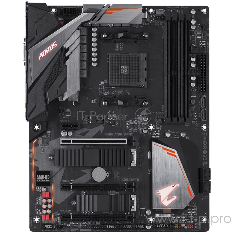 Мат. плата SocketAM4 GIGABYTE B450 AORUS PRO (AMD B450, 4xDDR4, M.2, SATA III, RAID, 3xPCI-E, DVI, HDMI, 1Гбит LAN, USB3.1, ATX)
